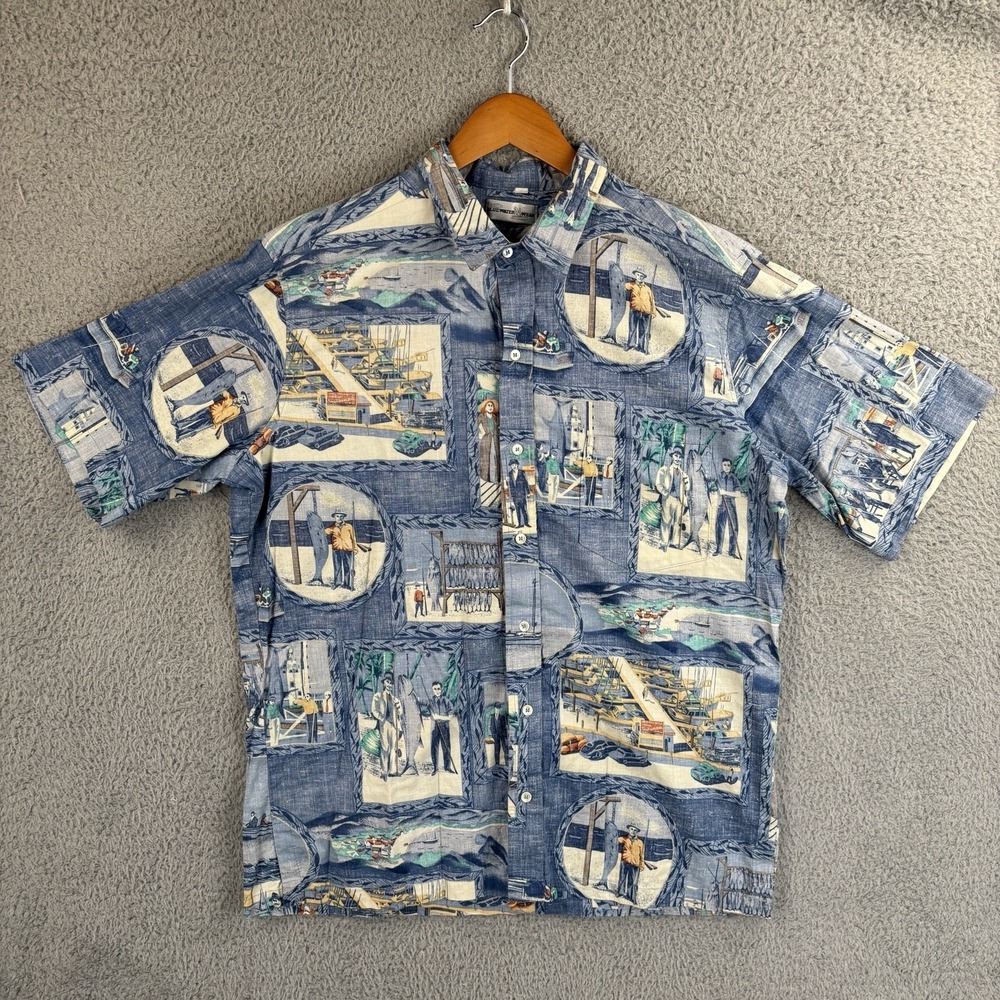 AFTCO Bluewater Hawaiian Shirt Mens XL Blue Giant Fish Print Button Made‎ USA